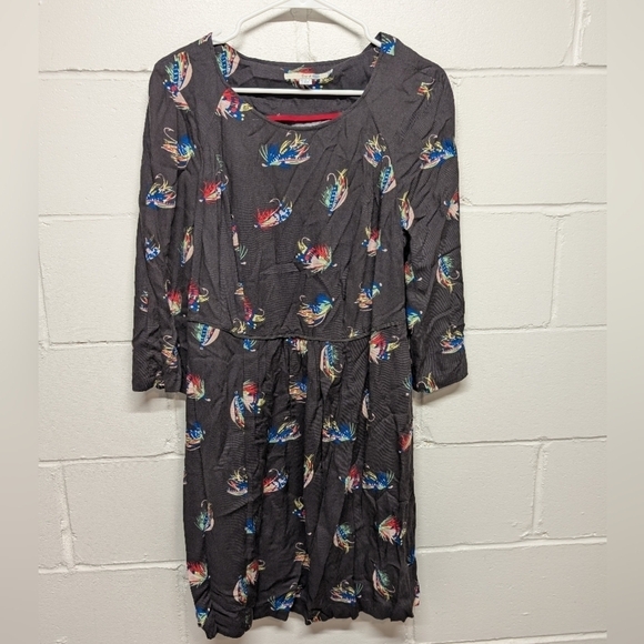 BODEN (10R) Fly Fishing Hooks Print Tunic Dress, 3/4 Sleeve, Scoop Neck, Novelty - Picture 1 of 8